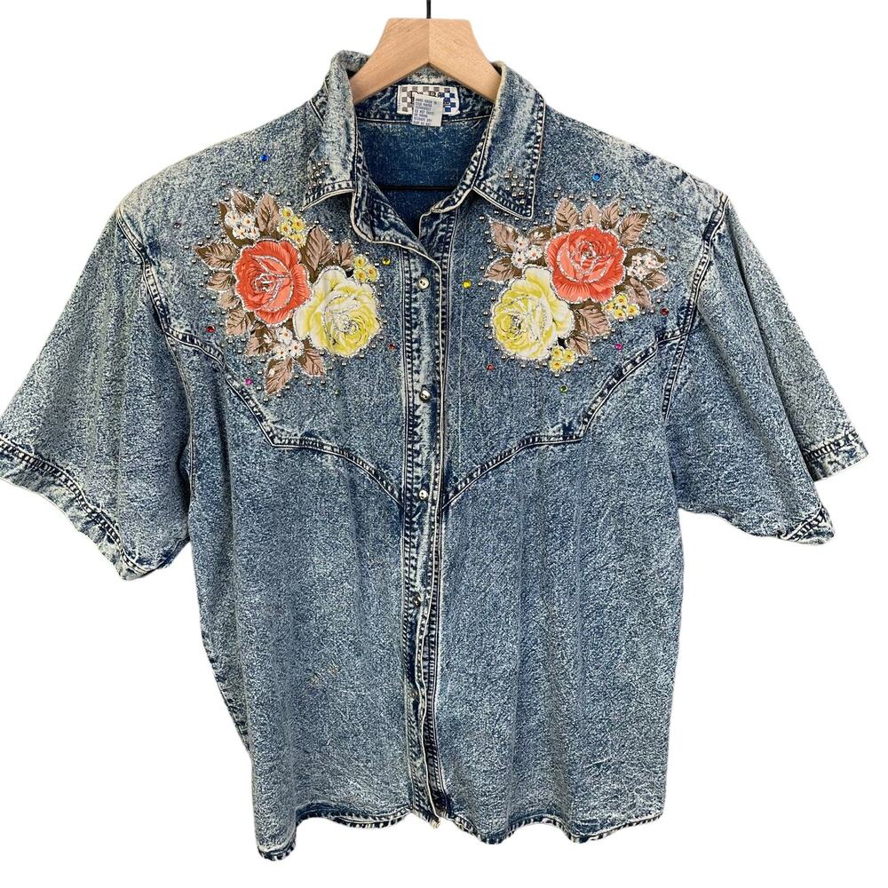 Pretty Blue Vintage Acid Wash Denim Button Down Shirt Top Embellished Studded